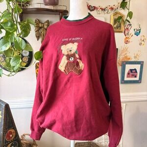 Vtg Grandma Sweater Teddy Bear Cottagecore Embroidered Double Layered Collar XL‎